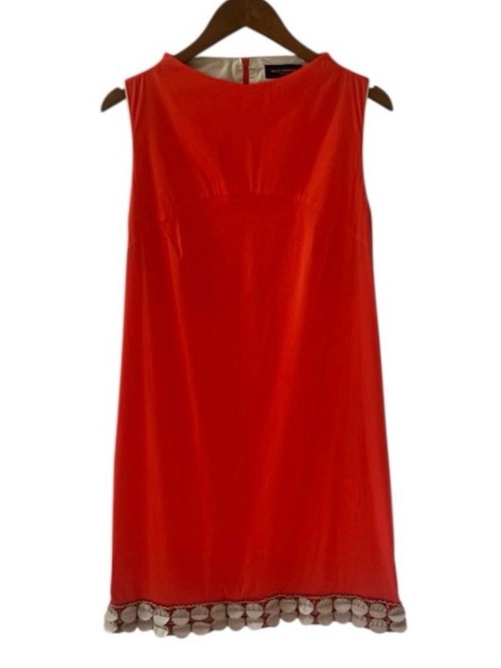 a Piazza Sempione Orange Sleeveless Shift Dress with Woven Disc Hem Size 10